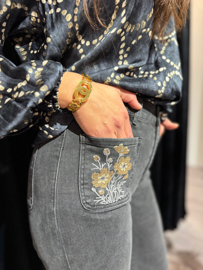 Le Coco Gråsort jeans m/broderi på frontlommer