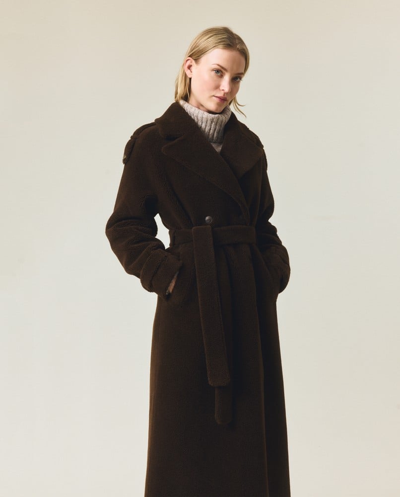 Maxi teddykåpe med belte i ullblanding, mørkebrun