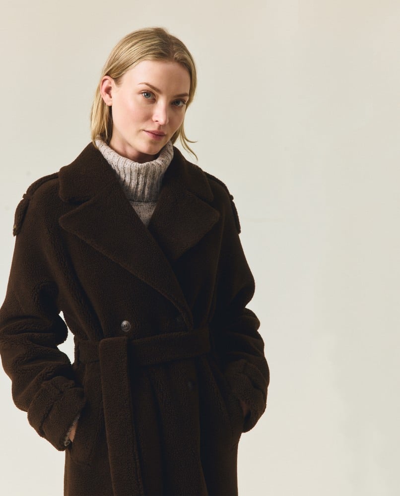 Maxi teddykåpe med belte i ullblanding, mørkebrun