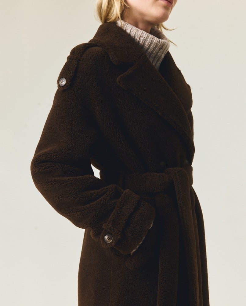 Maxi teddykåpe med belte i ullblanding, mørkebrun