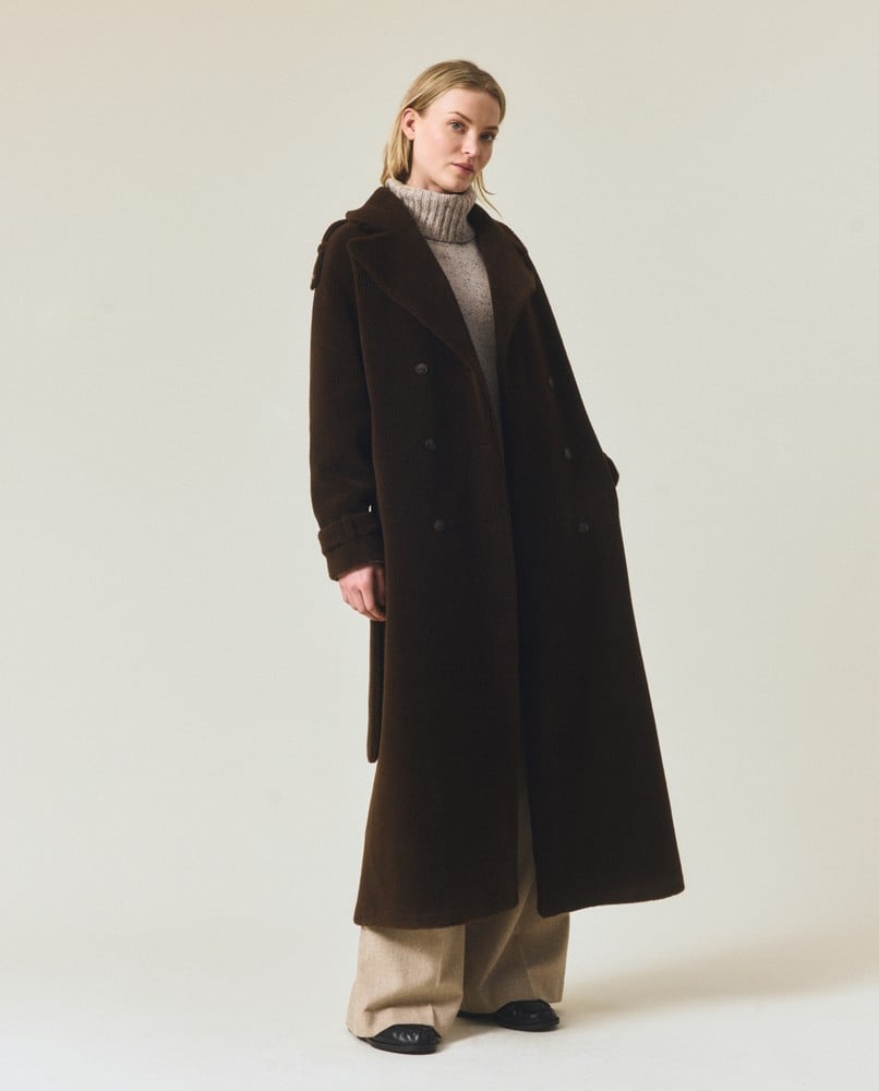 Maxi teddykåpe med belte i ullblanding, mørkebrun