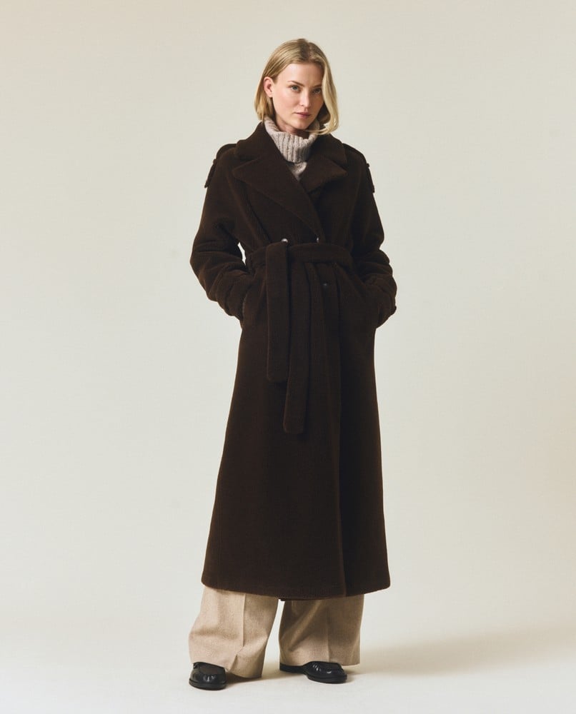 Maxi teddykåpe med belte i ullblanding, mørkebrun