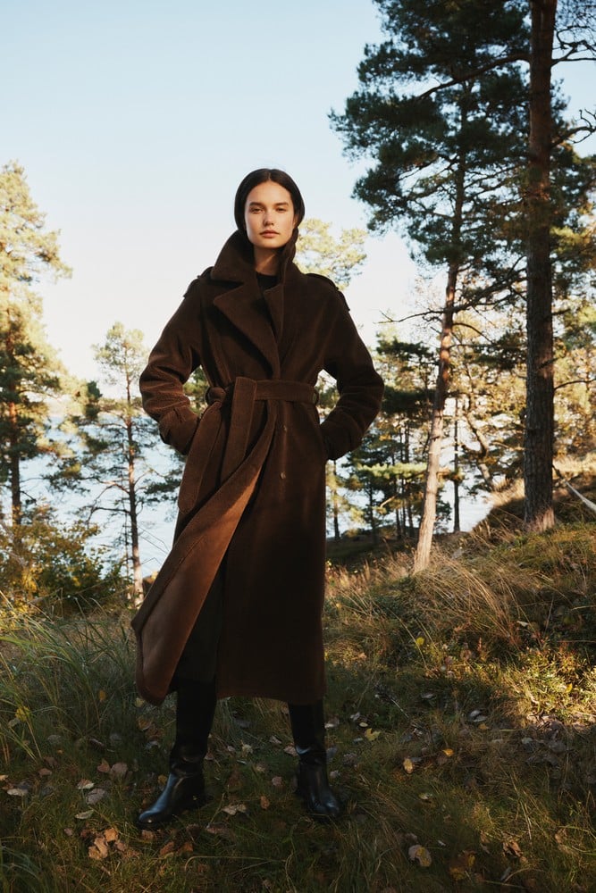 Maxi teddykåpe med belte i ullblanding, mørkebrun