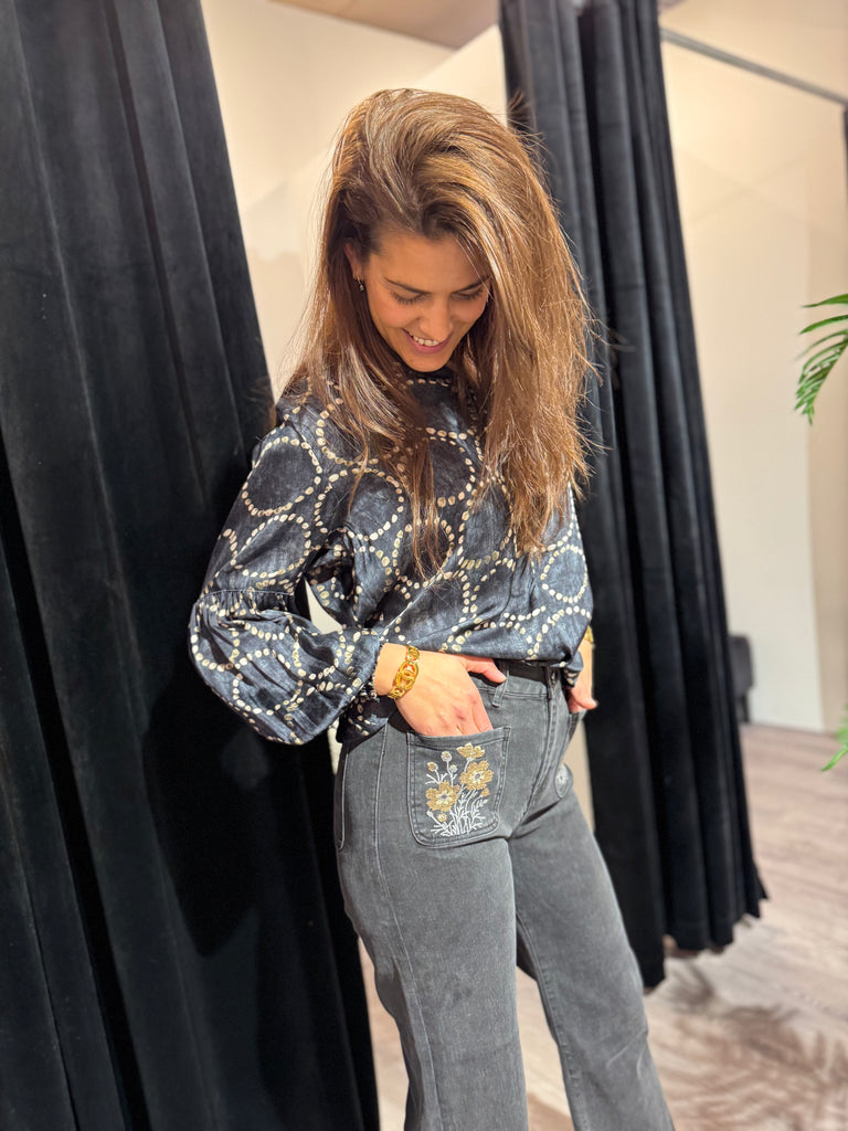 Le Coco Gråsort jeans m/broderi på frontlommer
